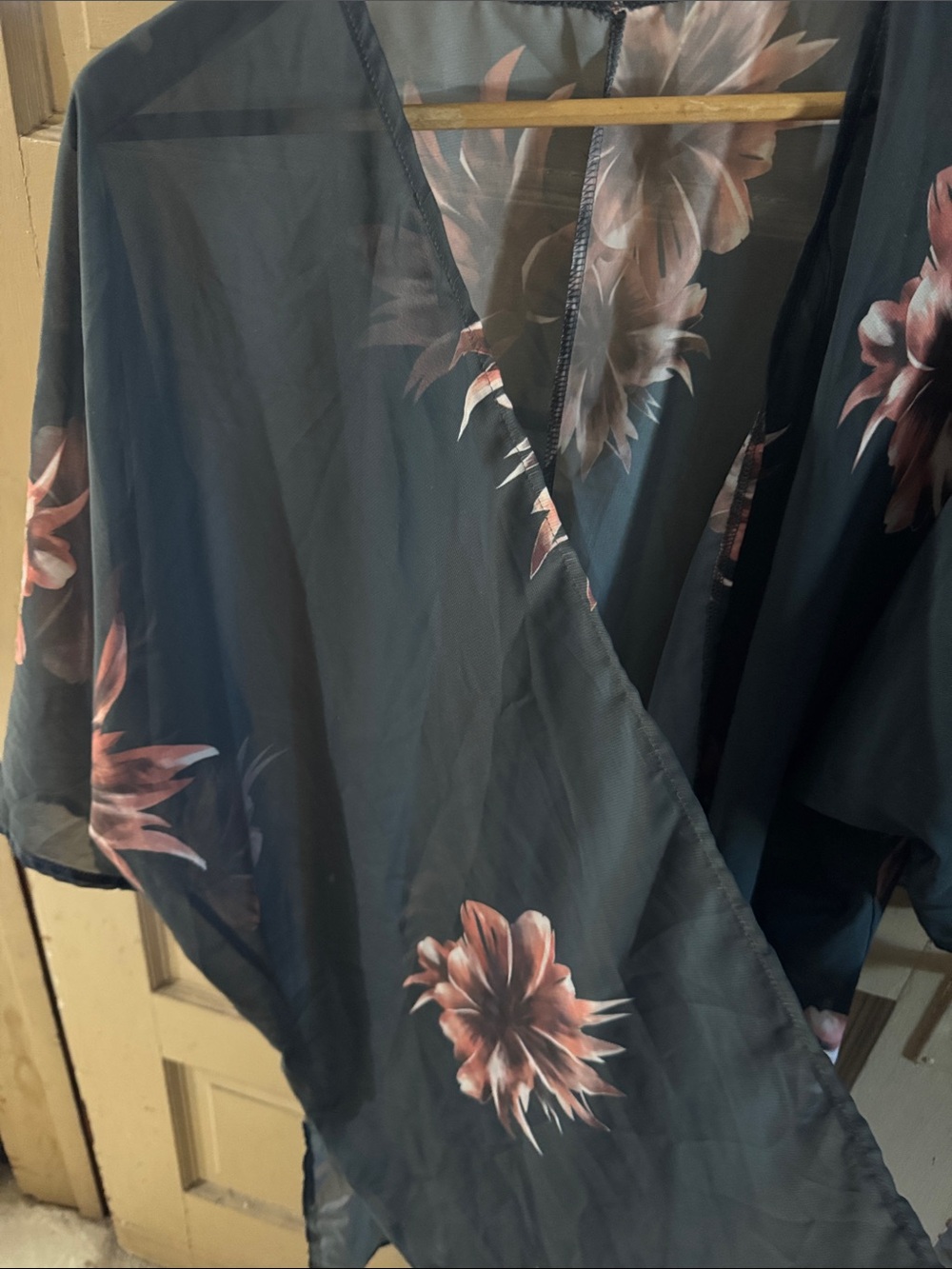 Sheer Black Floral Kimono with Pink Blooms